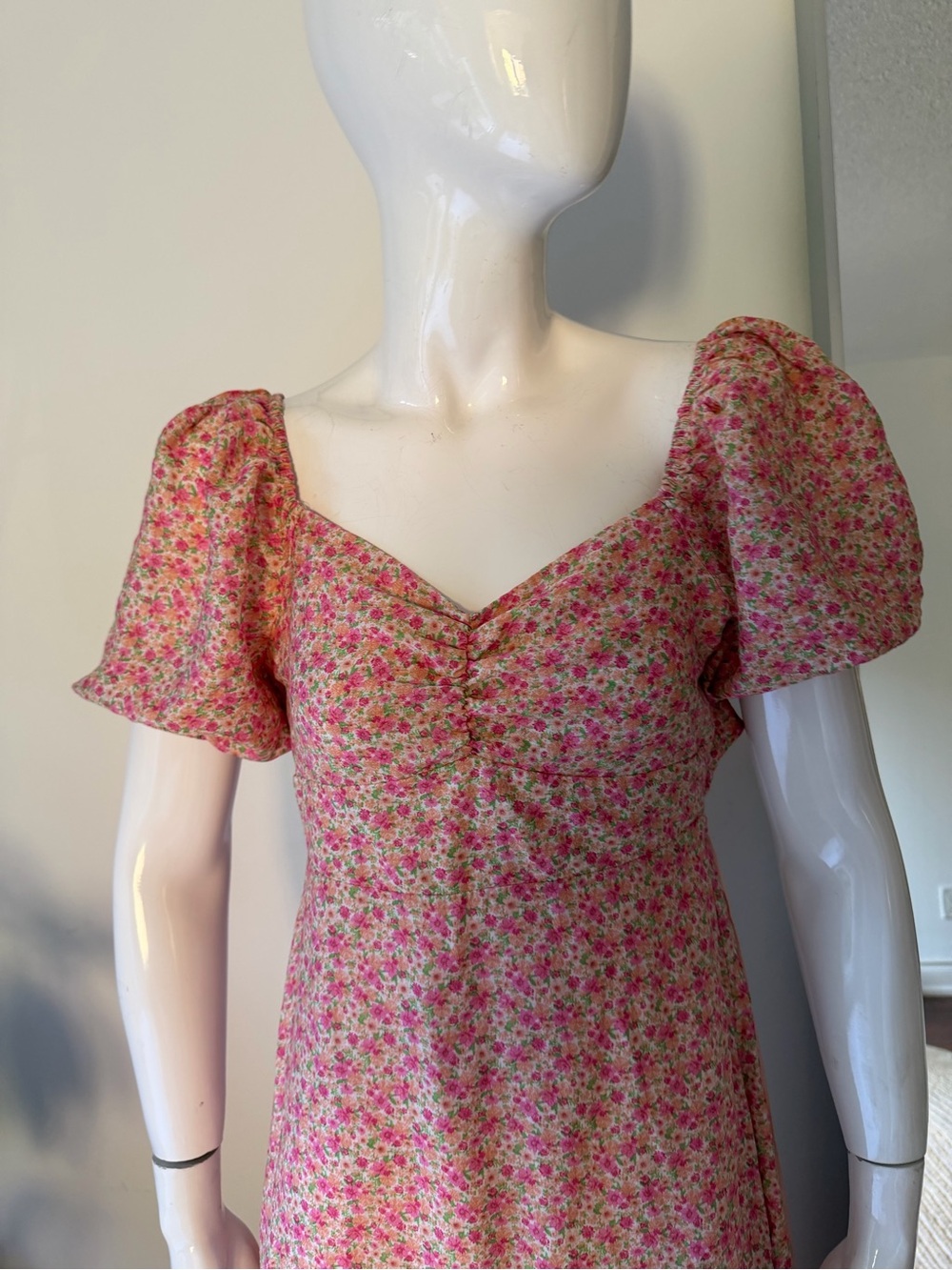 Blu peper  Pink Floral Puff Sleeve Open Back Maxi Dress Size M - Picture 7 of 8